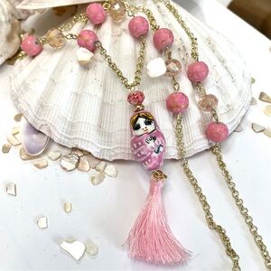 Pink Tassel Ceramic Russian Doll Necklace